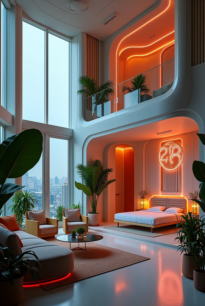 Apartment Interior, studio apartment, kitchen, bathroom, bedroom, loft room, lofts, stylized furniture, mid century furniture, art deco furniture, art deco furnishings,neon lights ,art deco design,streamline moderne,futuristic architecture, Abstraction,mid century modern style,Luxury and Luxury,Future night view,Futuristic decorative elements,Metallic,number line,sci-fi lamp,Virtual Engine,Unreal rendering, neon lights, greenery, balcony.