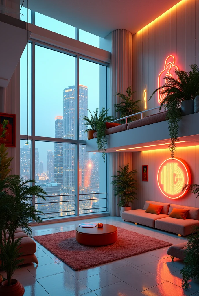Apartment Interior, studio apartment, kitchen, bathroom, bedroom, loft room, lofts, stylized furniture, mid century furniture, art deco furniture, art deco furnishings,neon lights ,art deco design，streamline moderne，futuristic architecture, Abstraction，mid century modern style，Luxury and Luxury，Future night view，Futuristic decorative elements，Metallic，number line，sci-fi lamp，Virtual Engine，Unreal rendering, neon lights, greenery, balcony.