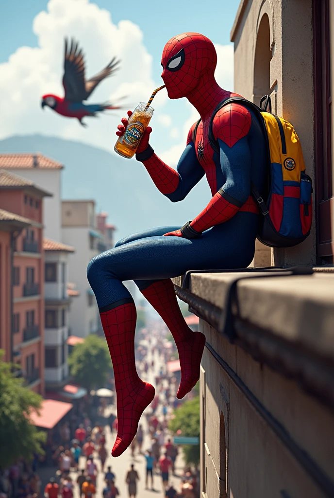 Spiderman, venezuela, sitting on the edge of the abyss of a Venezuelan building, Tricolor yellow blue and red school bag, drinking a bottled malt, mask raised to take Venezuelan malt through a straw, Macaw flying in the background, Venezuelans at the foot of the building taking photos.