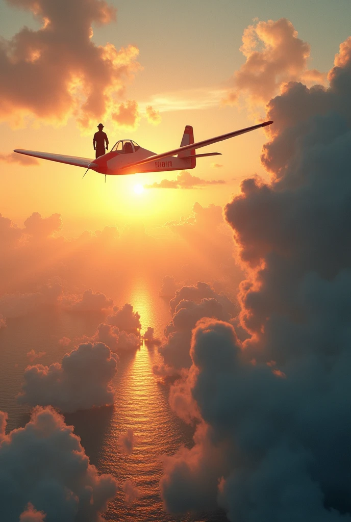Chasing the Sun:
Robin flying his glider at the edge of the horizon where the sun meets the sky. The scene captures the moment where the sunlight bathes everything in a golden hue, with clouds glowing softly and the distant ocean shimmering under the sun's rays.