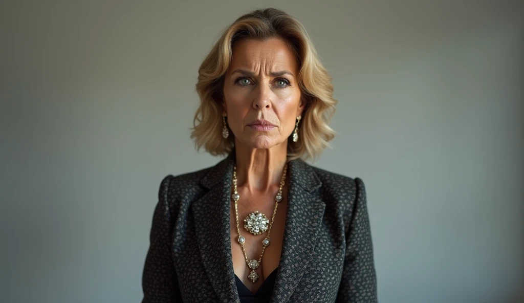 a mom wearing expensive luxury clothes on the right side angry full body shot