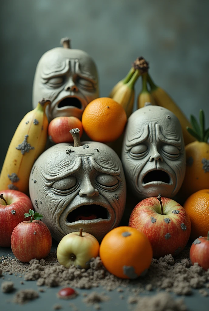 fruits with sad faces because they are sick with a gray mold