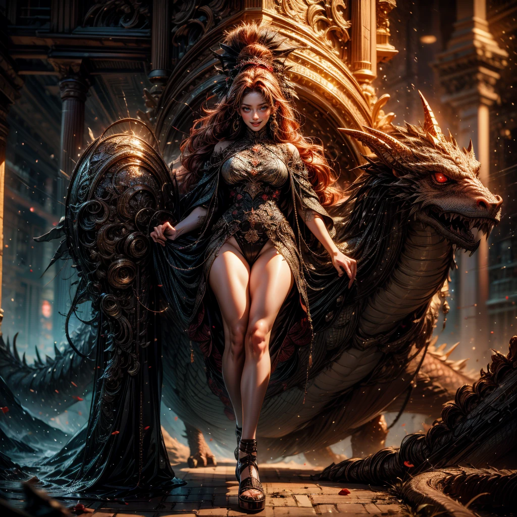 (Full Body of Extremely Detailed Dragon girl) with (Sparkling Red eyes) Rose Gold hair in a high ponytail, liquid hair, flowers, (Huge dragon head) in background, 8K TopQuality UltraDetailed Masterpiece of Professional Photo, HDR ultra-fine painting, LifeLike rendering, extreme detail description, professional, Bright colors, bokeh, (Exposed Hourglass Body Shape)