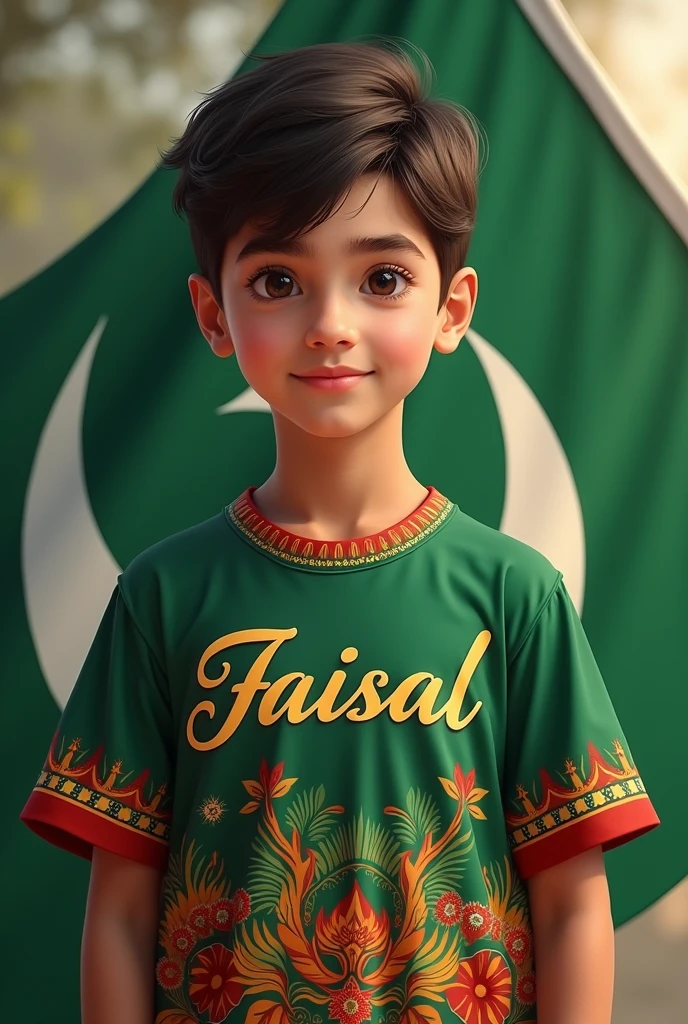 boy with in beautiful face Pakistani t shirt and hold Pakistani flag . faisal name on shirt