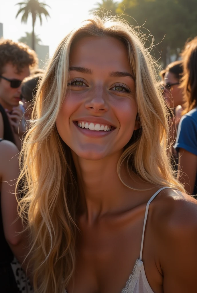 une belle fille aux longs cheveux blonds, yeux détaillés, nez, le sourire éclate, et les lèvres, tour effeil, Beaucoup de monde autour, prend un selfie avec son bras droit levé, (Meilleure qualité,4k,8k,haute résolution,Chef de'ouvrages d'art:1.2),ultra-détaillé,(Réaliste,photoRéaliste,photo-Réaliste:1.37),HDR,éclairage de studio,visage et corps très détaillés, portrait,Éclairage cinématographique,Éclairage dramatique,tons de couleurs chaudes,couleurs dramatiques,