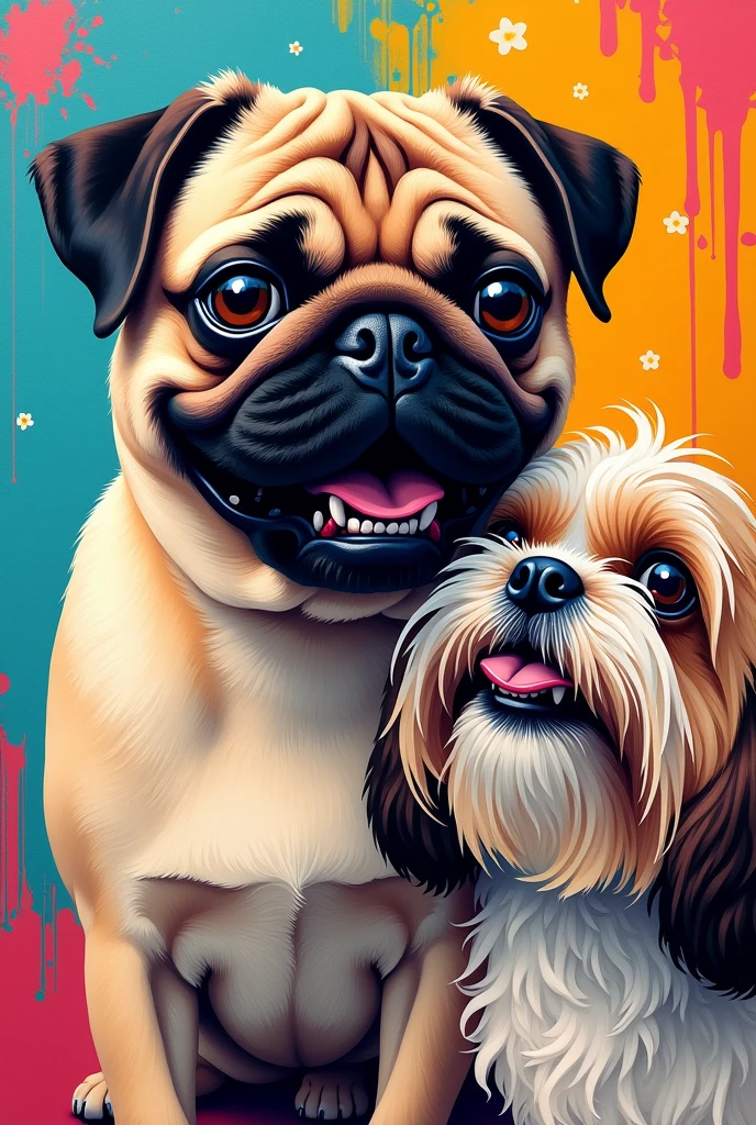 A pop art style painting with the face of a happy pug dog playing with a shiutzu dog