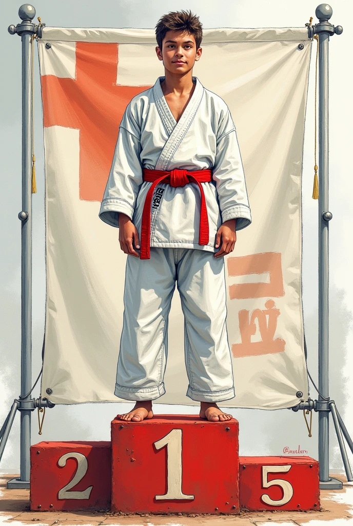 Young man on the podium in first place in red belt karate with a banner behind with the name first Augustinian karate cup all this in the form of a drawing