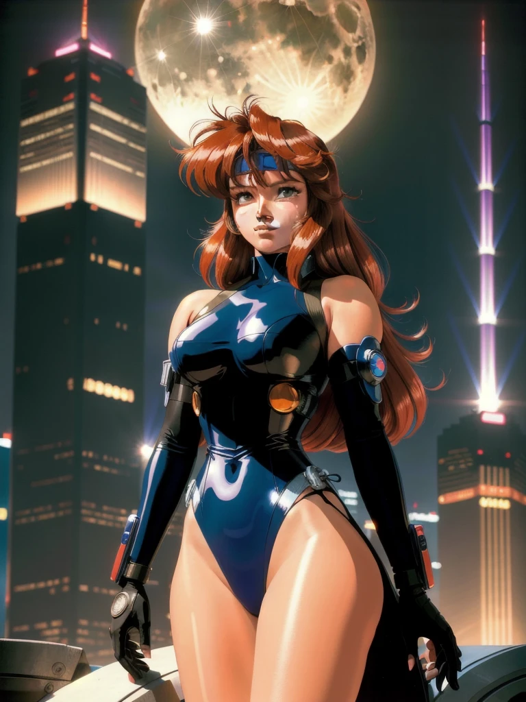 Kenichi Sonoda, retro art-style, 90s Japanese Anime Style, "bubblegum crisis", Sci-fi, Cyberpunk, Neon, Dystopia, (In the neon-drenched skyline of Mega Tokyo's towering skyscrapers, Priss, a stunning 20-year-old anime beauty, stands solo on the spire of a gleaming high-rise, bathed in the radiant glow of the full moon. Her striking features are accentuated by her dark blue metal hard suit adorned with vibrant orange lines, inspired by Syd Mead's industrial mechanic design. Her brown medium-length hair frames her sharp-eyed gaze, as she smizes confidently at the viewer. With fearless determination etched on her face, Priss stands tall on tiptoes, her entire being exuding an aura of cool and stylish elegance. The smooth curves of her shadow cast against the lunar backlight create a mesmerizing silhouette, showcasing her unparalleled beauty under the watchful eye of the city's towering skyscrapers.), The main character, "Priss", 1girl, solo, 20yo, anime beauty,(masterpiece, incredibly absurd resolution, absolutely resolution, ultra high resolution, professional, vivid colors, perfect anatomy, ideal facial features, beautiful detailed face, ideally proportioned figure, perfectly beautiful body),
