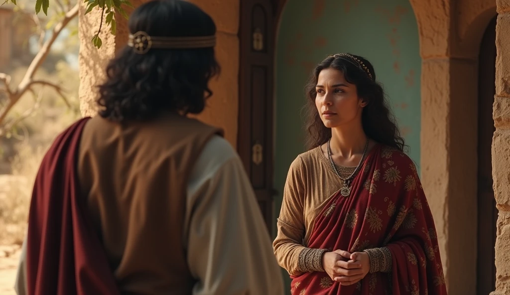 (best quality: 1.4), (Ultra Highres: 1.2), (photorealistic: 1.4), (8k, RAW photo: 1.2). The description of the Samaritan woman's physical appearance is not detailed in the biblical narrative, but her Samaritan origin suggests that she likely had similar characteristics to other people in the region, the story of the Samaritan woman, she is receiving a royal messenger at the entrance to her home