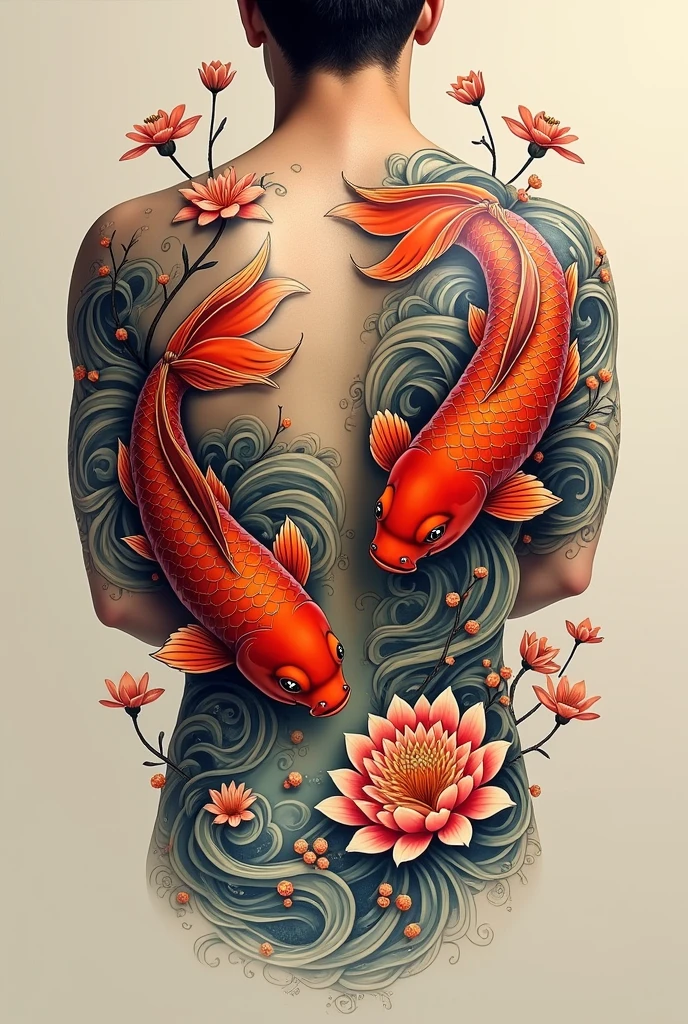 Make a back tattoo design with 2 koi fish