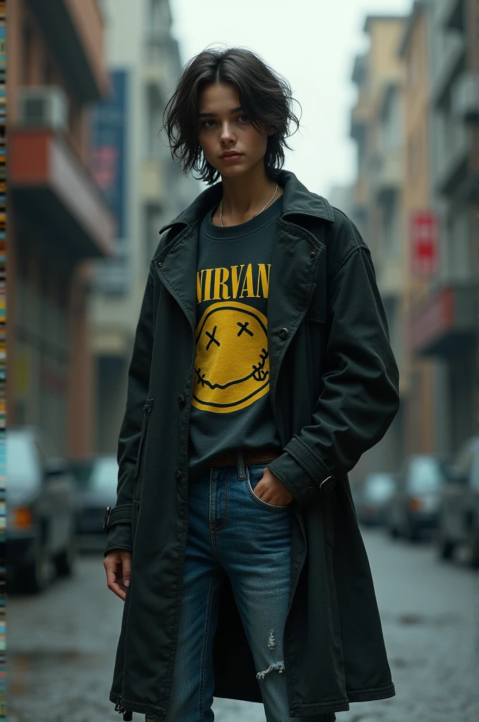 Person wearing a Nirvana t-shirt, jeans, and a trench coat