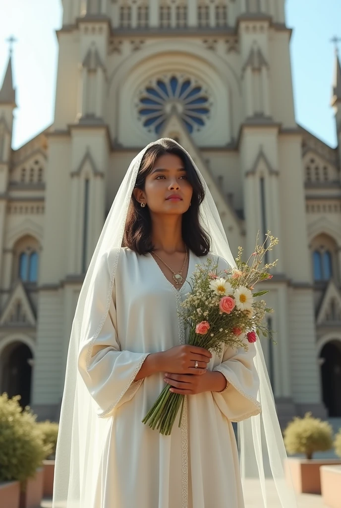 Church medium hair girl.The girl wears white frock with white veil covered 
the girl is is 75kgs Indian standing front of the church with flower bouquet