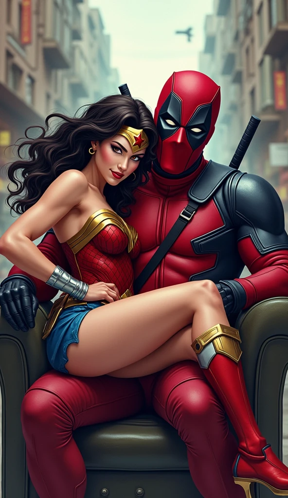 Wonder Woman in Deadpool's lap