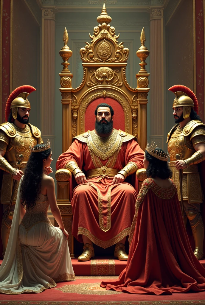 a Persian king sitting on his golden throne with a small scepter in one hand, add two Persian soldiers next to the throne and a queen with her royal robes and crown, make the queen kneel in front of the king talking 
