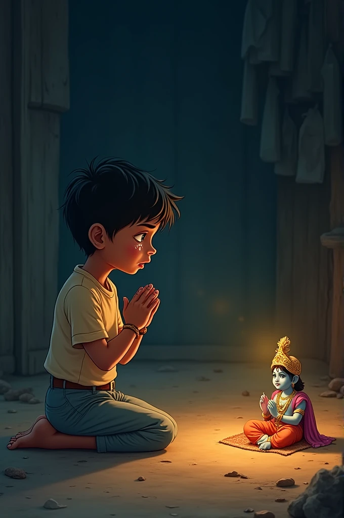 Illustrate a poor young boy named Ravi, kneeling with folded hands in front of a small idol of Lord Krishna in his humble home. His face is filled with desperation and tears as he prays, pleading for help because there is no food, and both his parents are sick. The room is dimly lit, reflecting the somber mood, with the idol of Krishna being the only source of soft light. Despite his heartfelt prayer, there is no immediate miracle, and the scene captures the boy's deep sorrow and unwavering faith in the face of hardship."