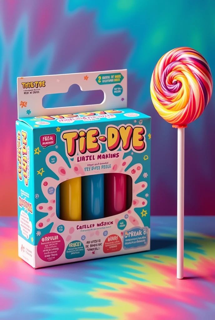 Generate packaging for items with tie dye shirt, kit tie dye  nombre lollipop by leo