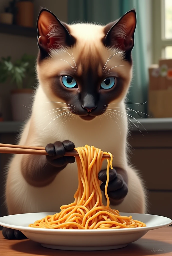 Siamese cat eating noodles