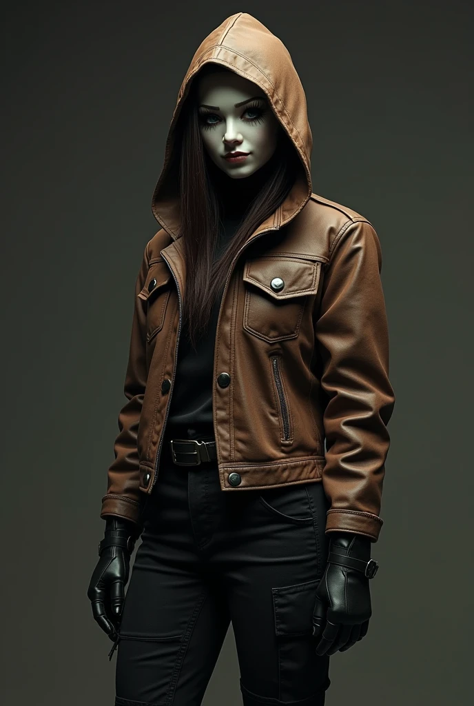 female
dolllike theatre mask hiding the whole face
brown leather jacket with hood on the head
black cargo pants
black boots
black fingerless gloves