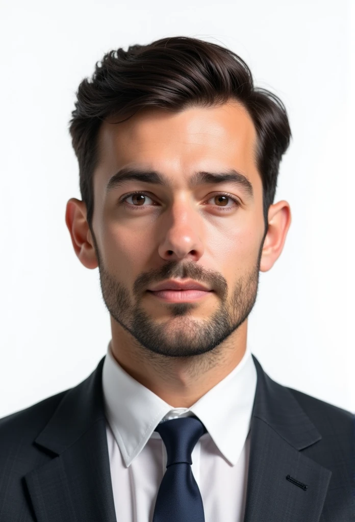 Create a realistic passport photo of a man in his 30s with dark brown hair, normal build and light stubble. The man should wear a formal suit with a tie and the background should be plain white, in line with passport photo requirements. His hair should be cut short, the hair should be too short to be combed. He should have a neutral expression without a smile. his hair is too short. The image should resemble a real photograph taken in a professional studio. the jaw structure should be oval neck structure should be normal. His/her face must be expressionless. he/she must meet the requirements for official offices and passports. his/her hair must not be cool. Just short hair, slightly combed to the side.