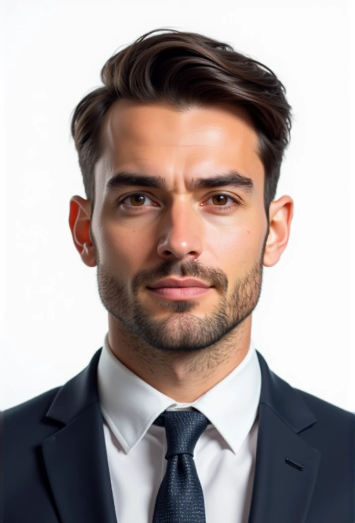 Create a realistic passport photo of a man in his 30s with dark brown hair, normal build and light stubble. The man should wear a formal suit with a tie and the background should be plain white, in line with passport photo requirements. His hair should be cut short, the hair should be too short to be combed. He should have a neutral expression without a smile. his hair is too short. The image should resemble a real photograph taken in a professional studio. the jaw structure should be oval neck structure should be normal. His/her face must be expressionless. he/she must meet the requirements for official offices and passports. his/her hair must not be cool. Just short hair, slightly combed to the side.