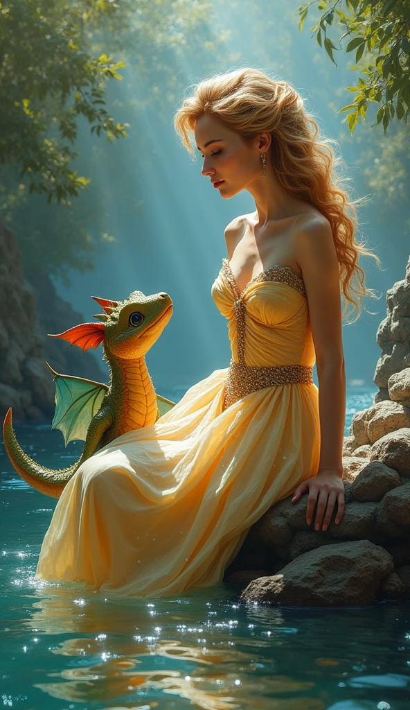 Uma pintura em impasto representando uma cena etérea com uma lindthe princess e um pequeno dragão. the princess, Adorned in a stream, stylish dress, stays gracefully, The Little Dragon, with shiny scales and kind eyes, sit next to her, looking at her with adoration.