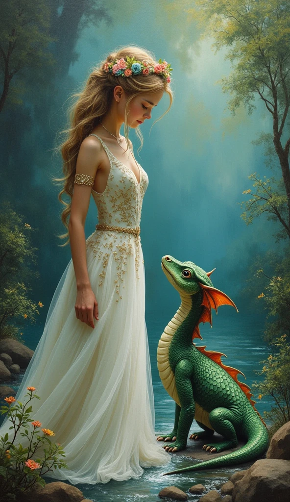 Uma pintura em impasto representando uma cena etérea com uma lindthe princess e um pequeno dragão. the princess, Adorned in a stream, stylish dress, stays gracefully, The Little Dragon, with shiny scales and kind eyes, sit next to her, looking at her with adoration.