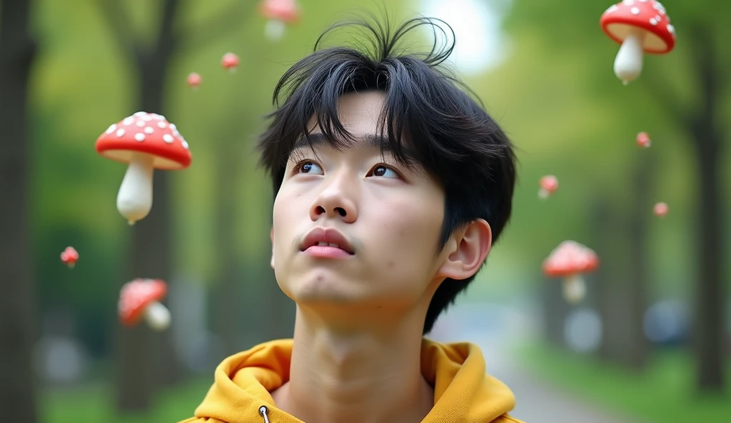A Japanese male college student with mushroom hair is smiling and thinking of an idea, Words floating in the air,Fashionable clothes,Excited, Photo of your face, For work, With a lush park in the background, with a natural look, With a slightly tired look, tilt your face a little, Diagonal orientation, Average face