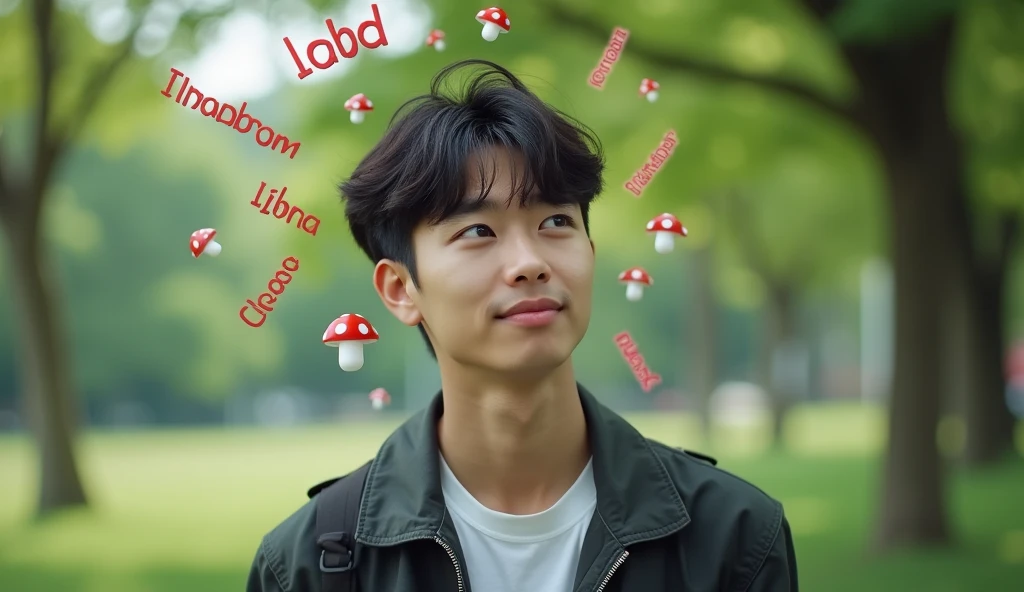 A Japanese male college student with mushroom hair is smiling and thinking of an idea, Words floating in the air,Fashionable clothes,Excited, Photo of your face, For work, With a lush park in the background, with a natural look, With a slightly tired look, tilt your face a little, Diagonal orientation, Average face