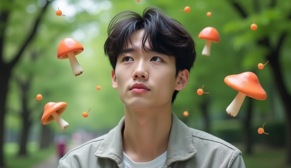 A Japanese male college student with mushroom hair is smiling and thinking of an idea, Words floating in the air,Fashionable clothes,Excited, Photo of your face, For work, With a lush park in the background, with a natural look, With a slightly tired look, tilt your face a little, Diagonal orientation, Average face
