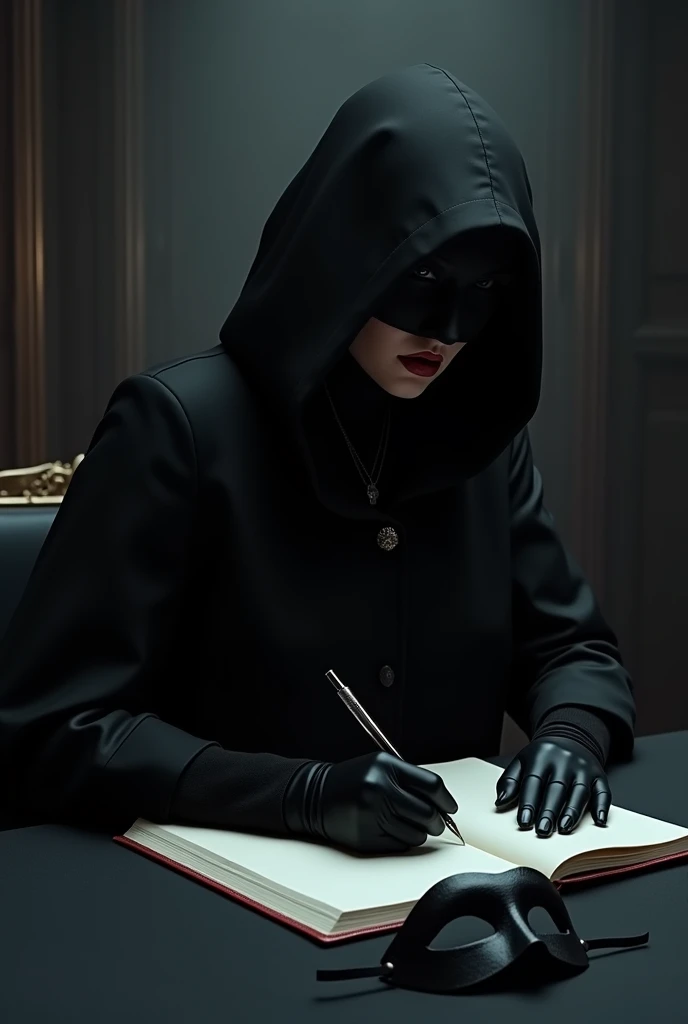 A woman in a black coat and gloves,hooded faceless,writing in a notebook on a table,with pen,dark and hidden elegant background,sitting sideways,with black mask