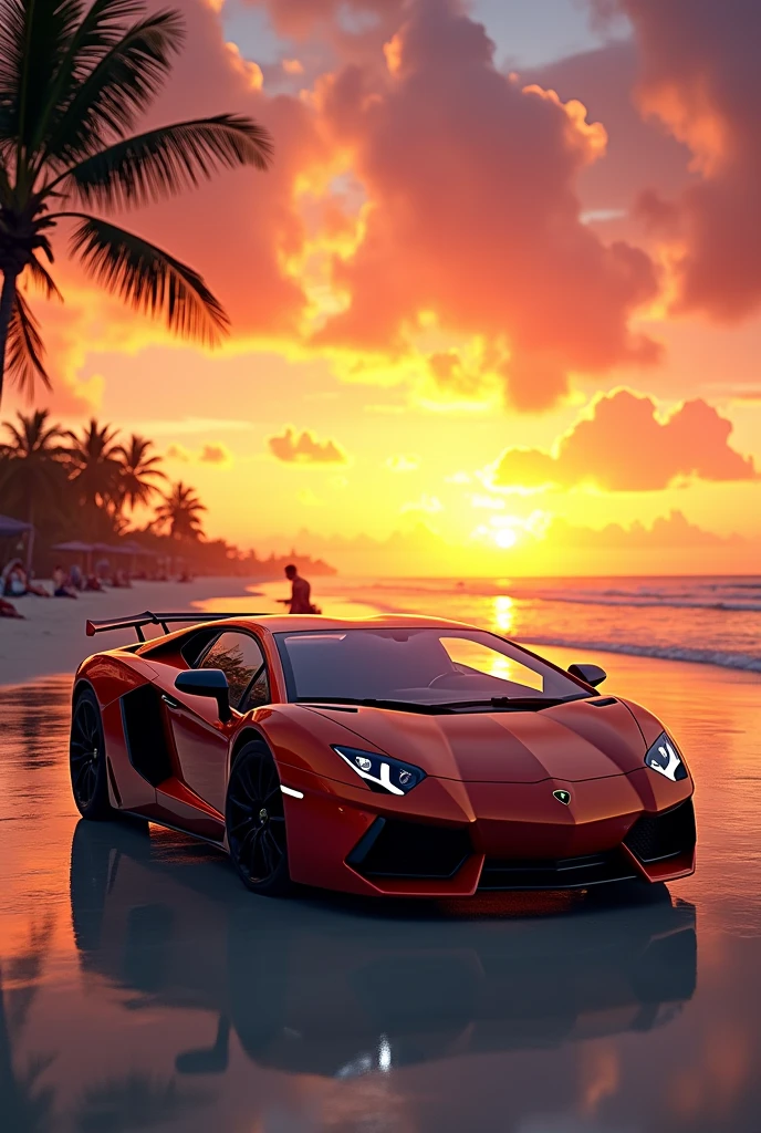 Create an image with a Lamborghini on the beaches of Miami at sunset