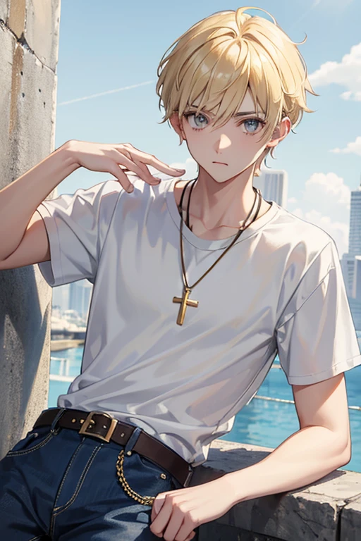 Austin Moon age 16 side spiky blonde hair gray eyes yellow t-shirt with a blue dress shirt open over the shirt slim build blue jeans black belt gold cross necklace looking directly at viewer at viewer's white background