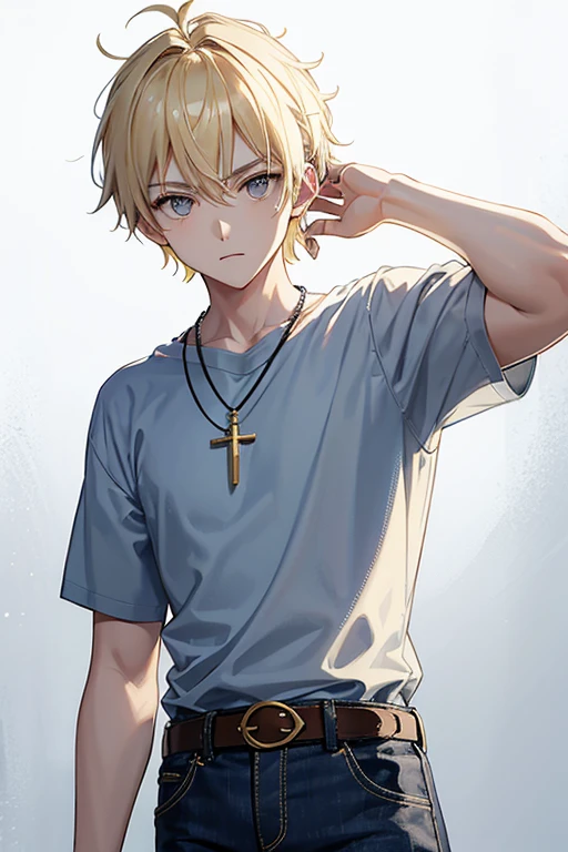 Austin Moon age 16 side spiky blonde hair gray eyes yellow t-shirt with a blue dress shirt open over the shirt slim build blue jeans black belt gold cross necklace looking directly at viewer at viewer's white background