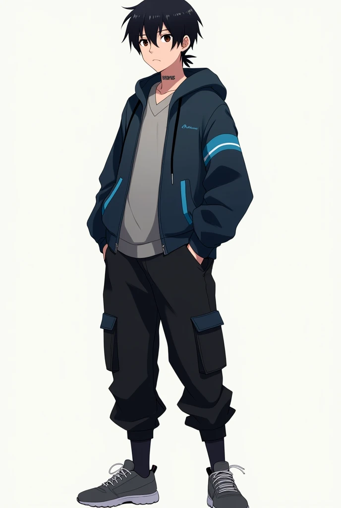 A young teenage male with black hair and enough to be put in a small low ponytail with two strands falling to the sides of his face and slight messy bangs, dark brown eyes, a good physique focused more on speed and agility. He has a barcode on the back of his neck that is hidden by the low ponytail he has., wear baggy black cargo pants, gray tennis shoes, solid colored sweaters and a dark blue jacket with light blue details, black and white