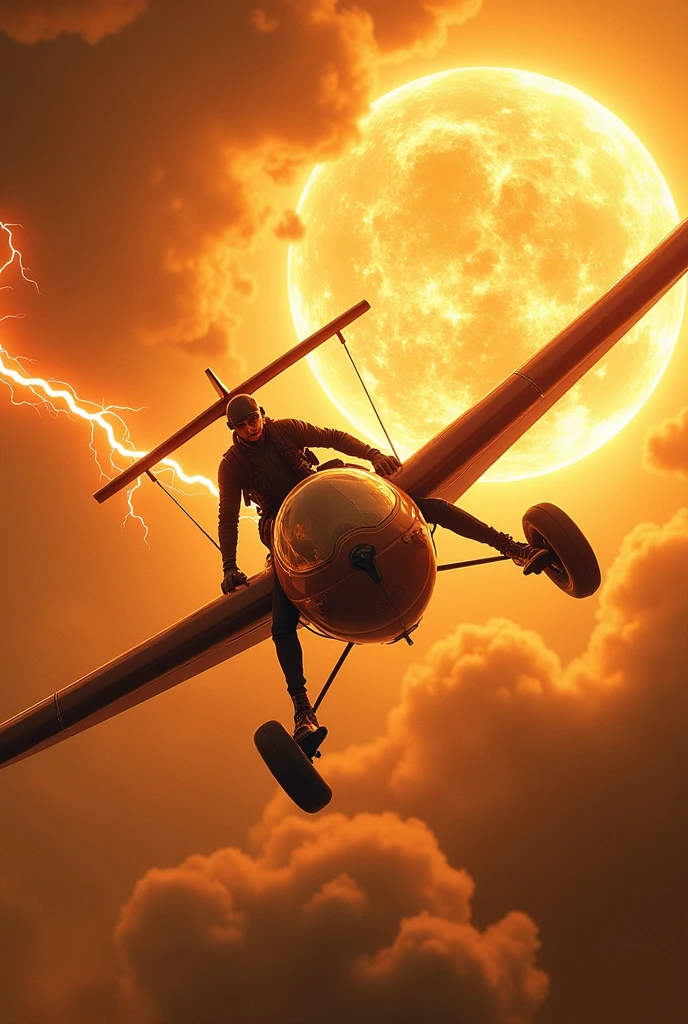 Chasing the Solar Storm Encounter:

Robin in his glider caught in a fierce solar storm, with swirling golden and orange clouds around him. His face shows determination as he navigates through the turbulent skies, with bolts of energy crackling in the background.