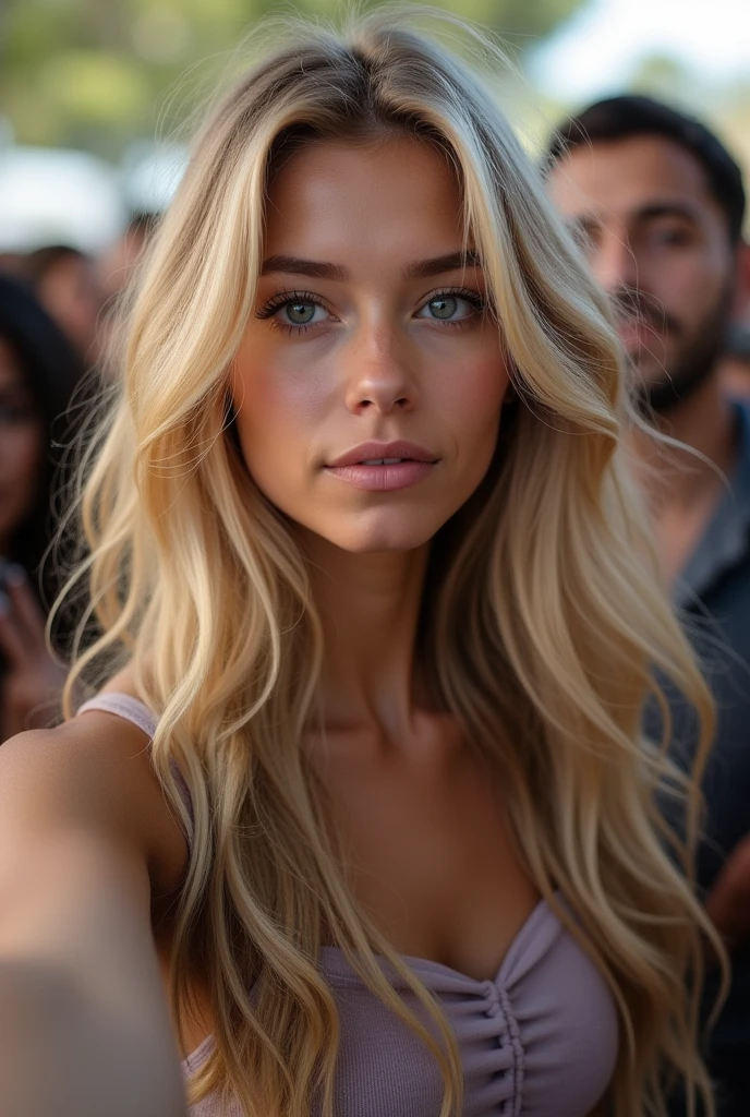 une belle fille aux longs cheveux blonds, yeux détaillés, nez, énerver, et les lèvres, tour effeil, Beaucoup de monde autour, prend un selfie avec son bras droit levé, (Meilleure qualité,4k,8k,haute résolution,Chef de'ouvrages d'art:1.2),ultra-détaillé,(Réaliste,photoRéaliste,photo-Réaliste:1.37),HDR,éclairage de studio,visage et corps très détaillés, portrait,Éclairage cinématographique,Éclairage dramatique,tons de couleurs chaudes,couleurs dramatiques,