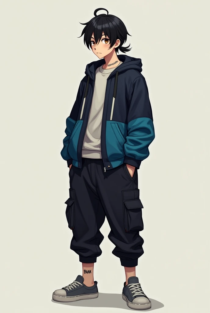 A young teenage male with black hair and enough to be put in a small low ponytail with two strands falling to the sides of his face and slight messy bangs, dark brown eyes, a good physique focused more on speed and agility. He has a barcode on the back of his neck that is hidden by the low ponytail he has., wear baggy black cargo pants, gray tennis shoes, solid colored sweaters and a dark blue jacket with light blue details, black and white