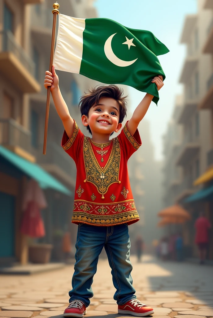 boy with in pakistani t shirt and hold Pakistani flag .  faisal name on shirt