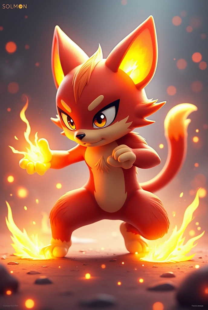 Design a 3D stylized illustration for 'Ignis,' a cat-like creature embodying the fire element, in a fierce fighting pose. The art style should reflect the sleek, modern aesthetic of the SOLMON logo, with bold lines and a dynamic stance. Use a rich color palette with glowing accents to emphasize Ignis's fiery nature, incorporating ember-like details into its fur as it unleashes a fiery claw attack. The background should feature minimalistic digital sparks and cosmic elements, maintaining a clean yet powerful composition that captures both the strength and cuteness of the character.