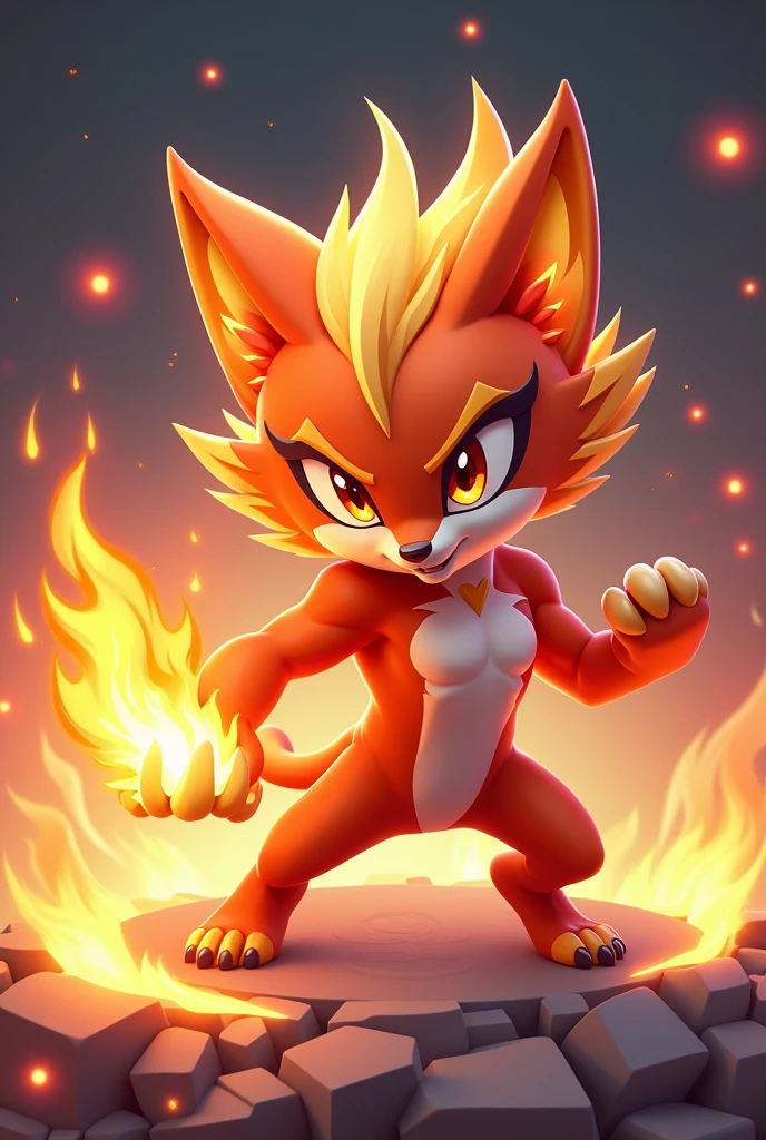 Design a 3D stylized illustration for 'Ignis,' a cat-like creature embodying the fire element, in a fierce fighting pose. The art style should reflect the sleek, modern aesthetic of the SOLMON logo, with bold lines and a dynamic stance. Use a rich color palette with glowing accents to emphasize Ignis's fiery nature, incorporating ember-like details into its fur as it unleashes a fiery claw attack. The background should feature minimalistic digital sparks and cosmic elements, maintaining a clean yet powerful composition that captures both the strength and cuteness of the character.