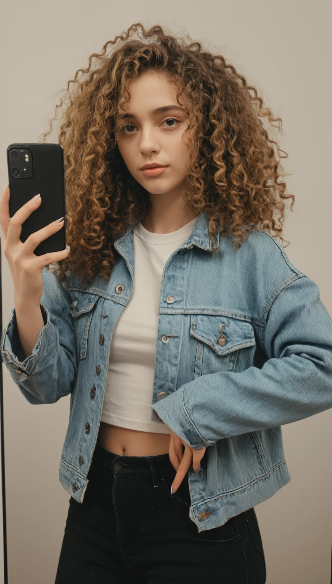 Hiper realistic and natural picture, girl taking a selfie in the mirror, Curly hair, long hair, oversized outfits, oversized aesthetic outfits, Denim jacket and cropped shirt, modest style, natural photo, one smartphone samsung