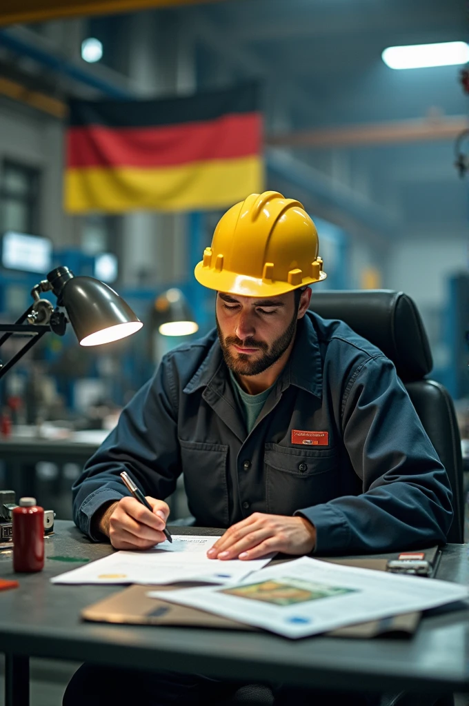 Electrical engineer 
German flag
Helmet and work clothes 
Euro snd paper 
Factory 
Series
Desk