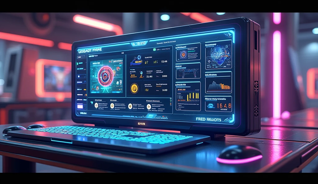 "A futuristic dashboard showing Free Fire's constant updates, with new features being added in real-time, surrounded by dynamic visual effects, ar 16:9"