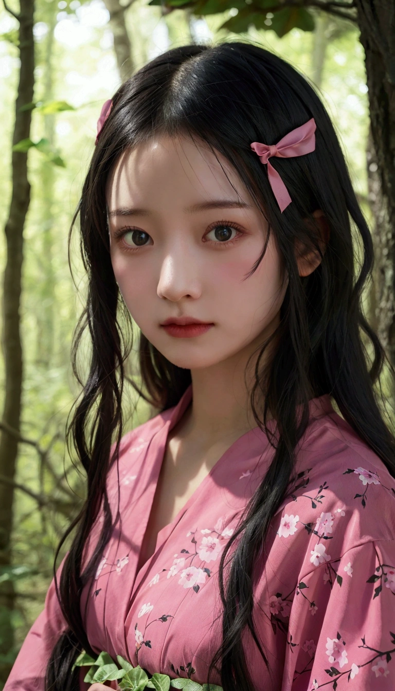 girl with long black hair and pink dress in a forest, detailed realistic, beautiful girl