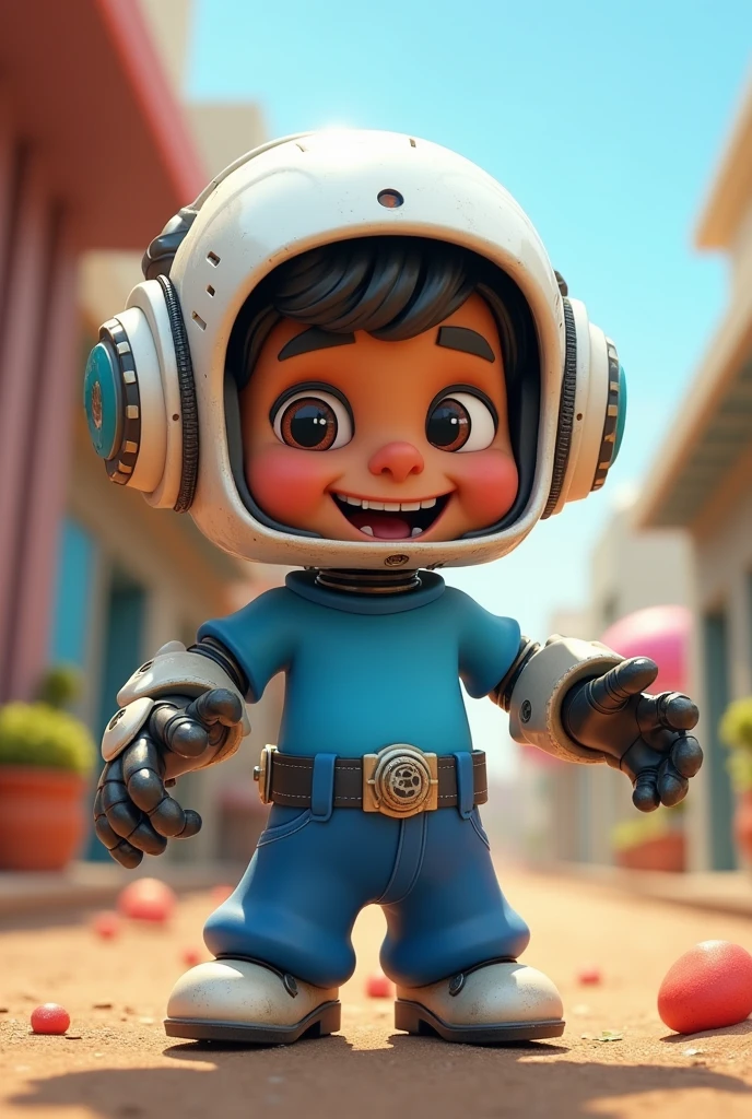 Fofão from the series with blue pants and shirt and white helmet
