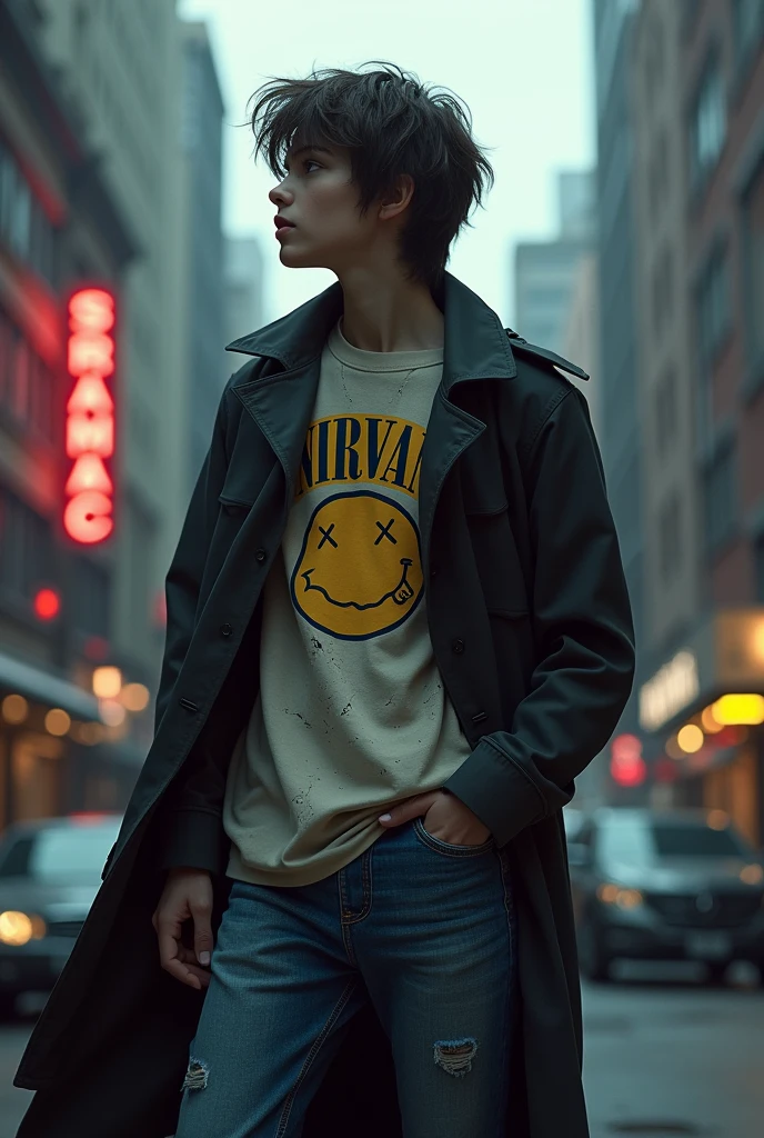 Person wearing a lead nirvana t-shirt and a pair of jeans and a trench coat