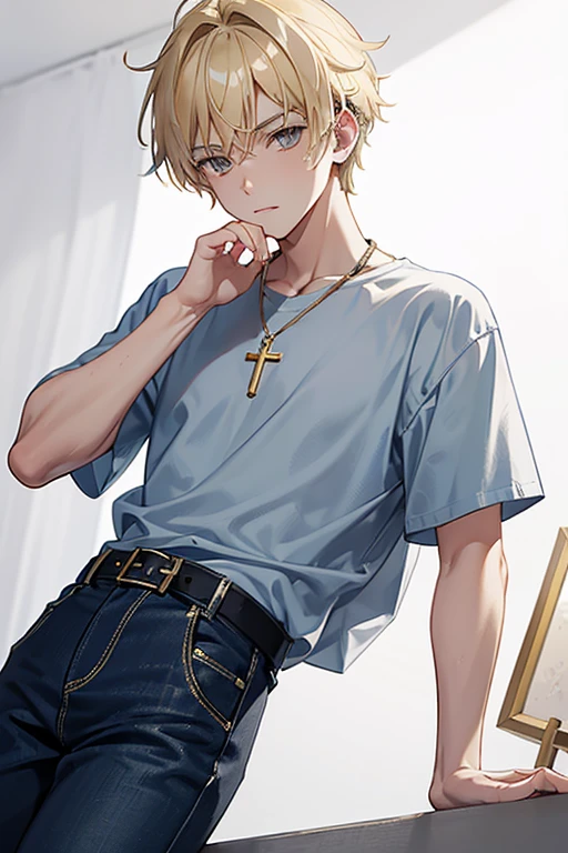 Austin Moon age 16 side spiky blonde hair gray eyes yellow t-shirt with a blue dress shirt open over the shirt slim build blue jeans black belt gold cross necklace looking directly at viewer at viewer's white background