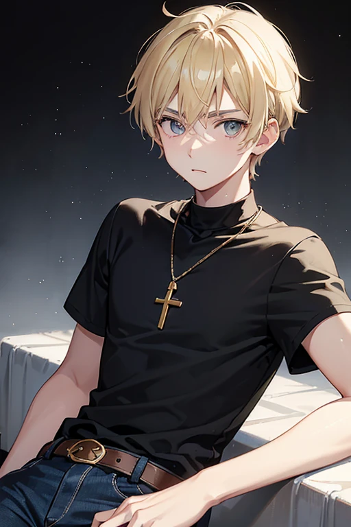 Austin Moon age 16 side spiky blonde hair gray eyes yellow t-shirt with a blue dress shirt open over the shirt slim build blue jeans black belt gold cross necklace looking directly at viewer at viewer's white background