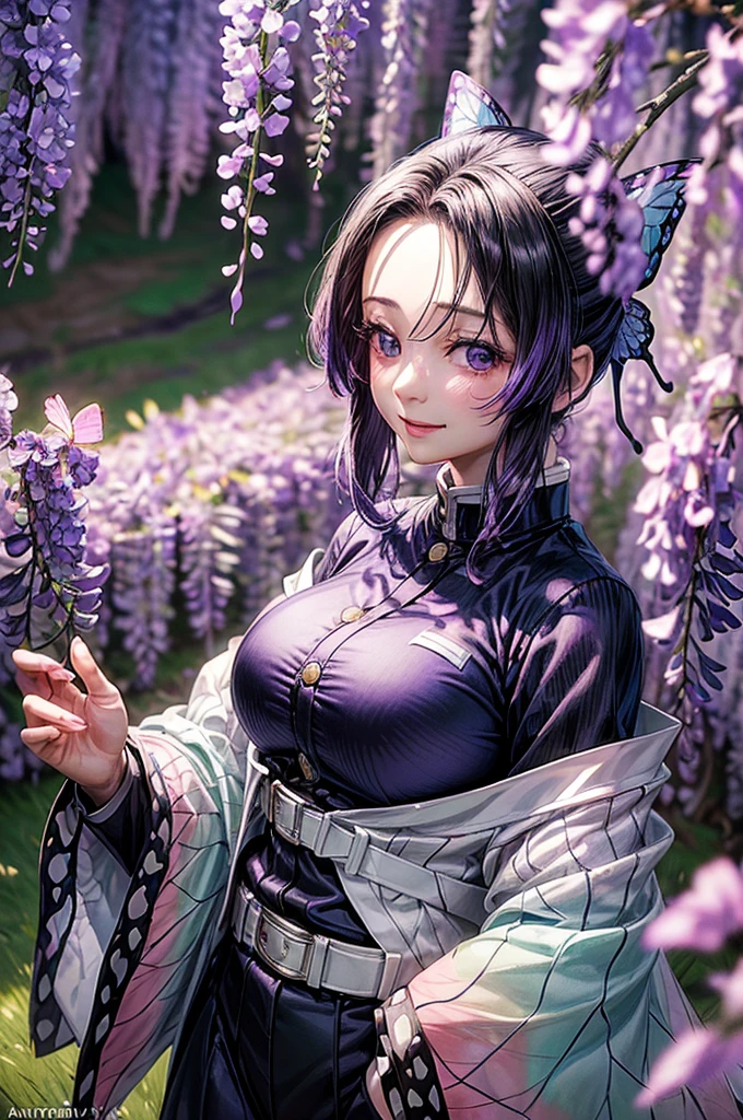 Shinobu Kochou,(masterpiece, Highest quality:1.3), (Super detailed:1.4),(Super detailed顔:1.2),(Super detailed目:1.2), (hyperRealistic:1.3), (RAW Photos:1.2), High-definition RAW color photos, Professional photos, (PhotoRealistic:1.4), (Realistic:1.4),8k,Professional Lighting, Perfect Anatomy, BREAK,(Big Breasts:1.4),(blush:1.2),(Bright smile:1.2),detail, Sharp focus, dramatic,dutch angle,Wisteria field,Japanese garden,Butterfly Hair Ornament, Purple eyes, Multicolored Hair, short hair, Parted bangs, amount, Haori, Wide sleeves, Long sleeve, Black trousers, Black jacket, belt,
