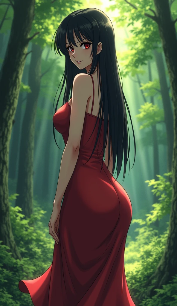 Anime, Yandere, Girl, Hourglass figure, Medium Sized Breasts, Big Butt, Maxi Drese, Black hair, Red eyes, Forest, Looking at Camera, Cute